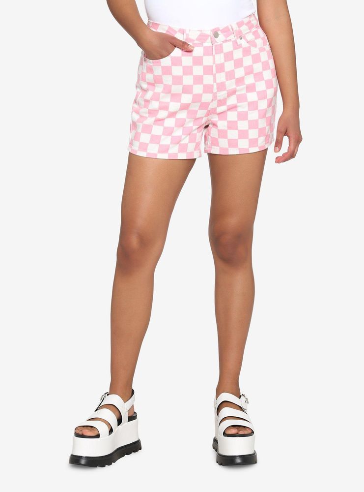 Pink & White Checkered High-Waisted Denim Shorts