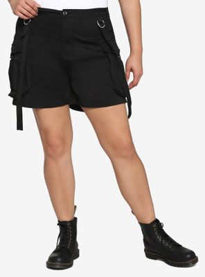 Black Suspender Strap Cargo Shorts Plus
