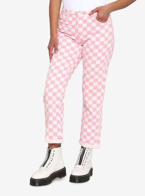 Pink & White Checkered Denim Pants