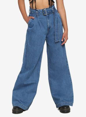 Wide Leg Grommet Belt High-Waisted Denim Pants