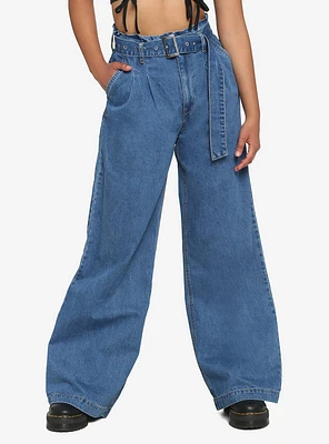 Wide Leg Grommet Belt High-Waisted Denim Pants