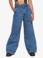 Wide Leg Grommet Belt High-Waisted Denim Pants