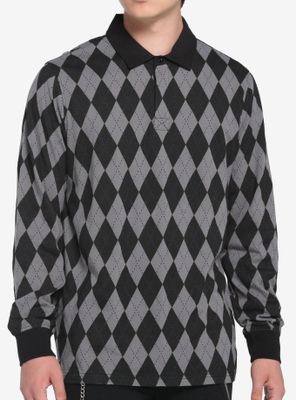 Black & Grey Argyle Long-Sleeve Polo Shirt