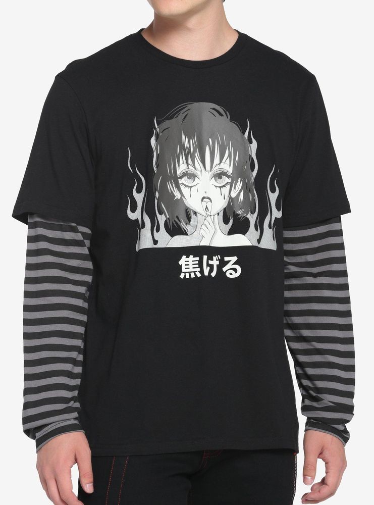 Black & Grey Stripe Anime Girl Twofer Long-Sleeve T-Shirt