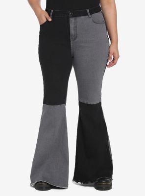 Black & Grey Patchwork Denim Flare Pants Plus