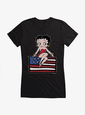 Betty Boop Sitting on Flag Girls T-Shirt