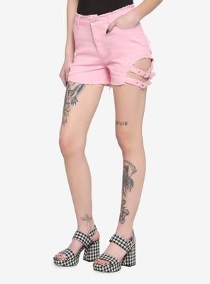 Pink Side Belt Denim Shorts