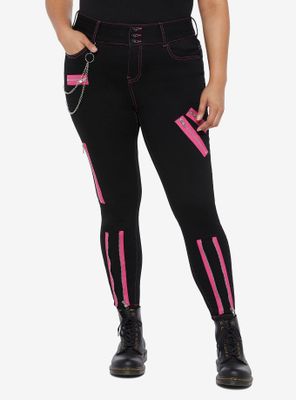 Black & Pink Zipper Super Skinny Jeans Plus