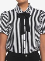 Black & White Pinstripe Bow Girls Woven Button-Up