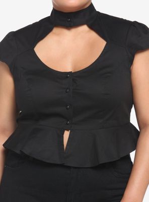 Black Cutout Peplum Girls Crop Woven Button-Up Plus