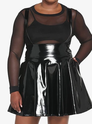 Black Patent Faux Leather Suspender Skirt Plus Size
