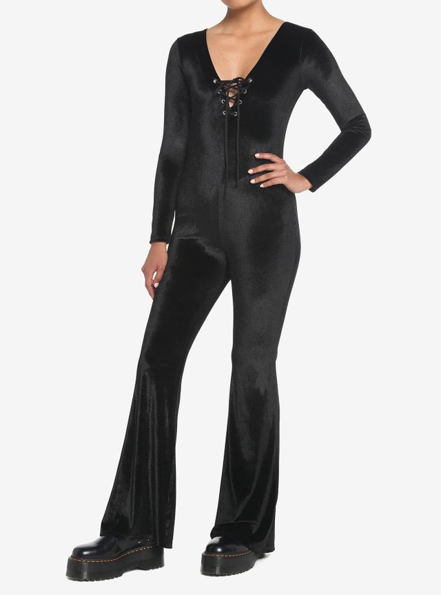 Hot Topic Black Velvet Lace-Up Jumpsuit