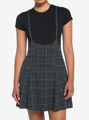 Green Plaid High-Waisted Suspender Skirt