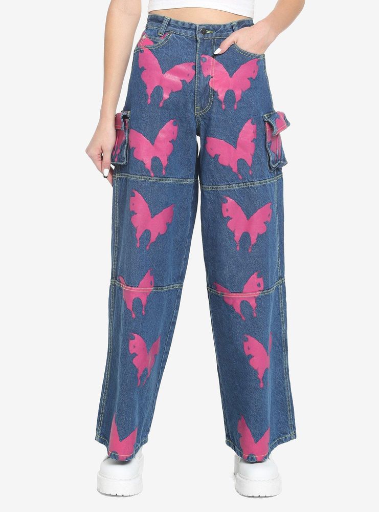 Pink Butterfly Denim Cargo Pants