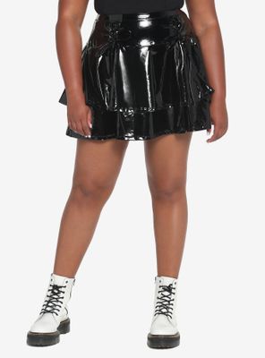 Black Faux Leather Lace-Up Tiered Skirt Plus