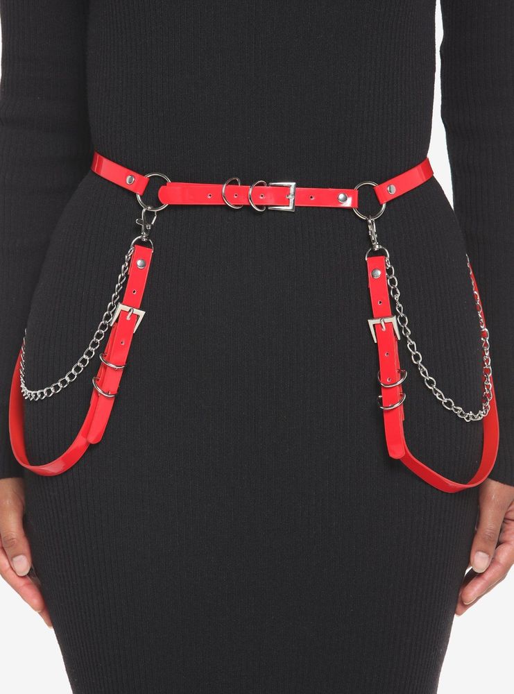 Red Patent Faux Leather & Chains Belt
