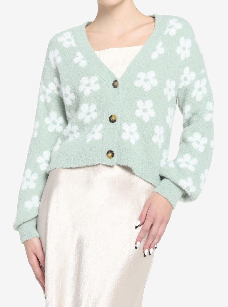 Hot Topic Sage Green Daisy Fuzzy Girls Crop Cardigan | Bayshore Shopping  Centre