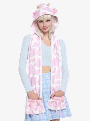 Pink Cow Print Hat Scarf