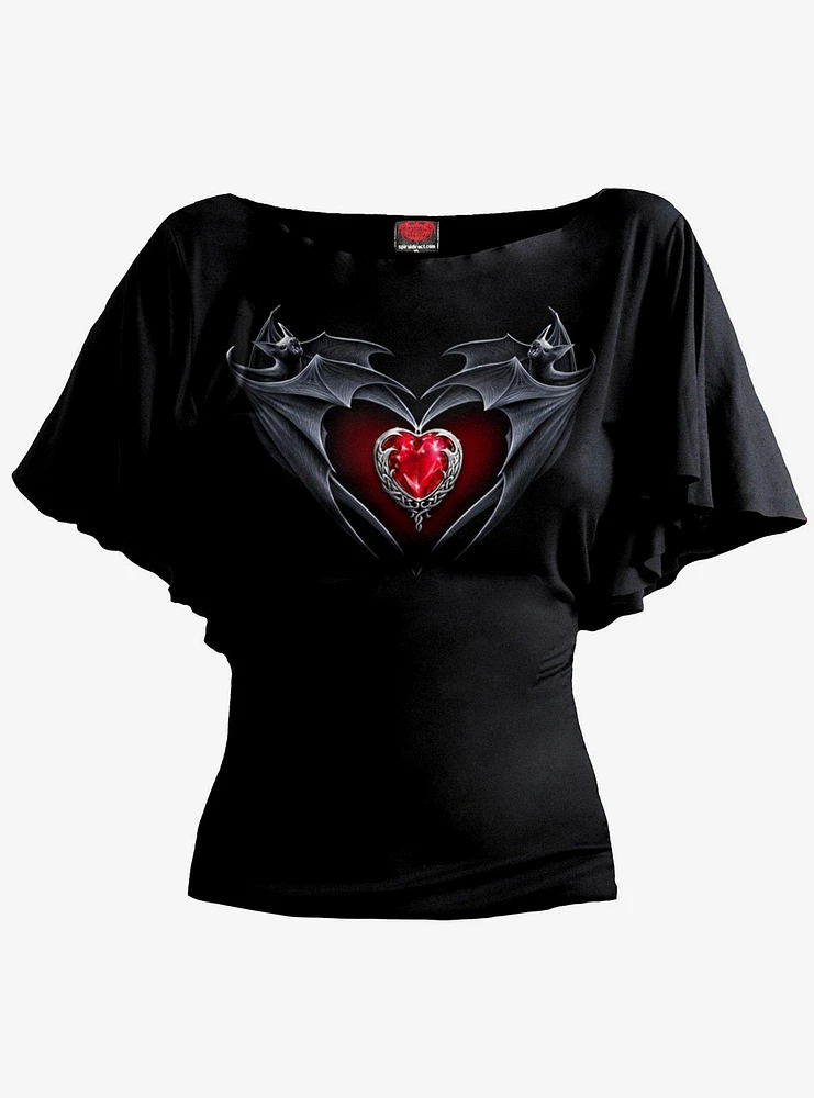 Bat's Heart Boat Neck Bat Sleeve Top Black