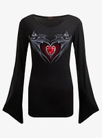 Bat's Heart V Neck Goth Long Sleeve Top Black