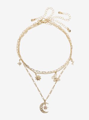Sparkle Crescent Moon Gold Charm Necklace Set