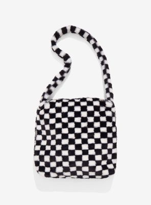 Black & White Checkered Fuzzy Tote Bag