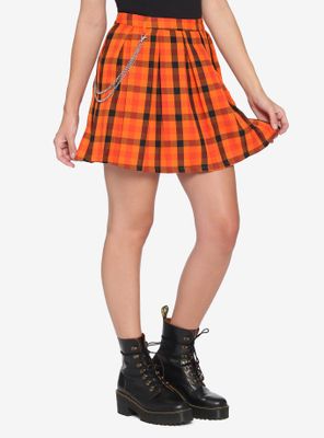 Orange Plaid Pleated Skirt
