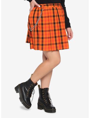 Orange Plaid Pleated Skirt Plus