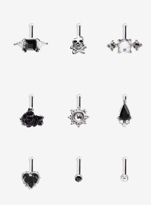 Steel Silver Skull Black Icon Charms Nose Stud 9 Pack