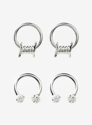 Steel Silver Barbed Wire Stud Balls Curved Barbell & Captive Hoop 4 Pack