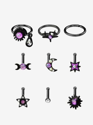 Steel Black & Purple Opal Celestial Nose Stud Hoop 9 Pack