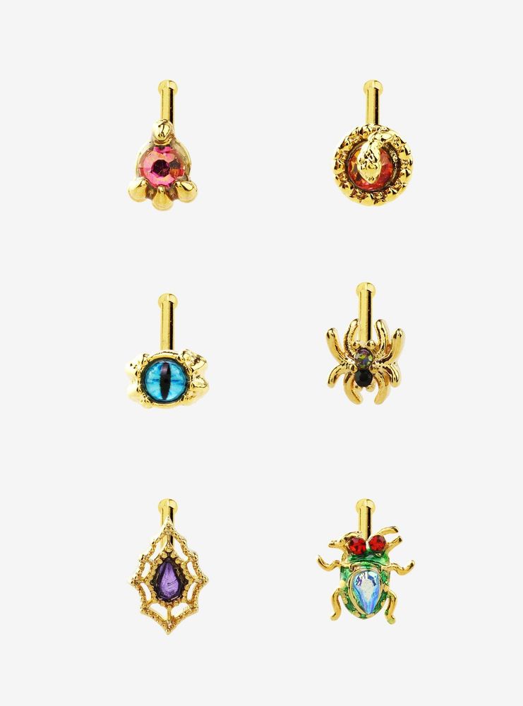 Steel Gold Gem Creatures Nose Stud 6 Pack