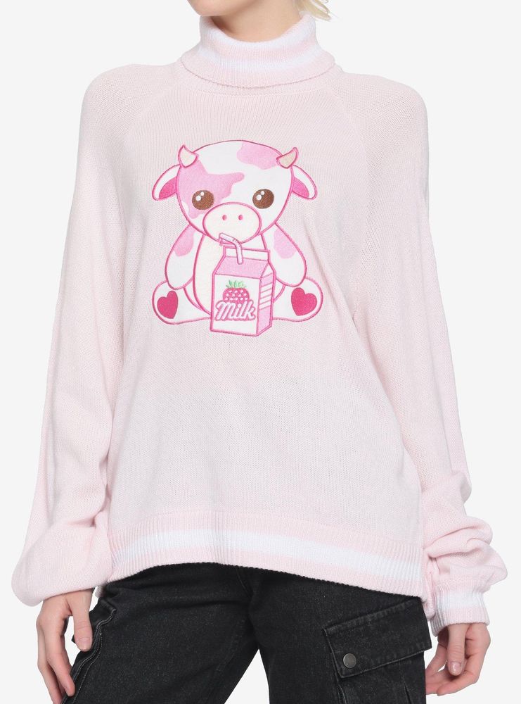 Strawberry Milk Cow Turtleneck Girls Sweater