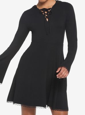 Black Lace-Up Front Hooded Dress