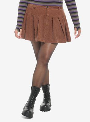 Brown Corduroy Pleated Mini Skirt Plus Size