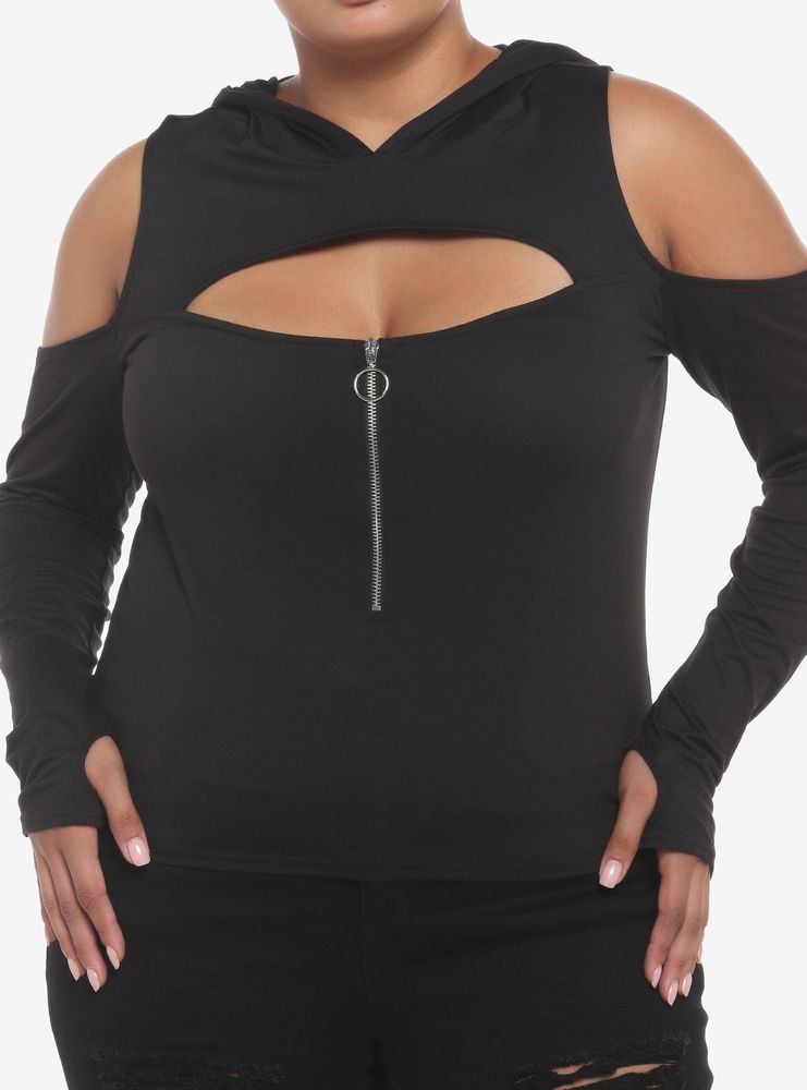 Black Cold-Shoulder Hooded Girls Top Plus