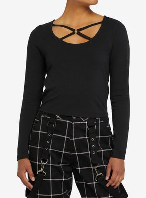 Black Strappy O-Ring Girls Crop Long-Sleeve Top