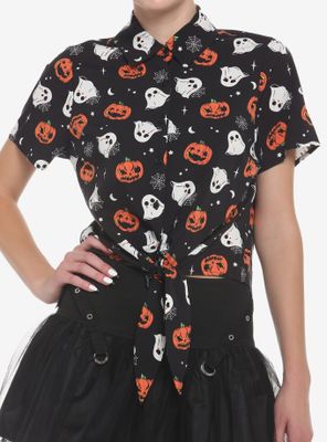 Ghosts & Jack-O'-Lanterns Tie-Front Girls Woven Button-Up