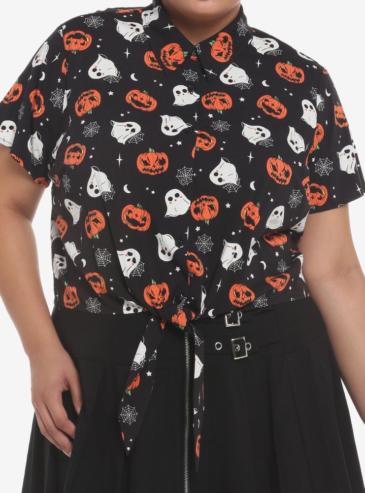 Ghosts & Jack-O'-Lanterns Tie-Front Girls Woven Button-Up Plus