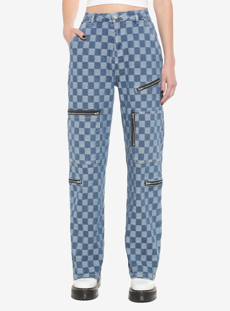 Blue Checkered Denim Straight Leg Jeans