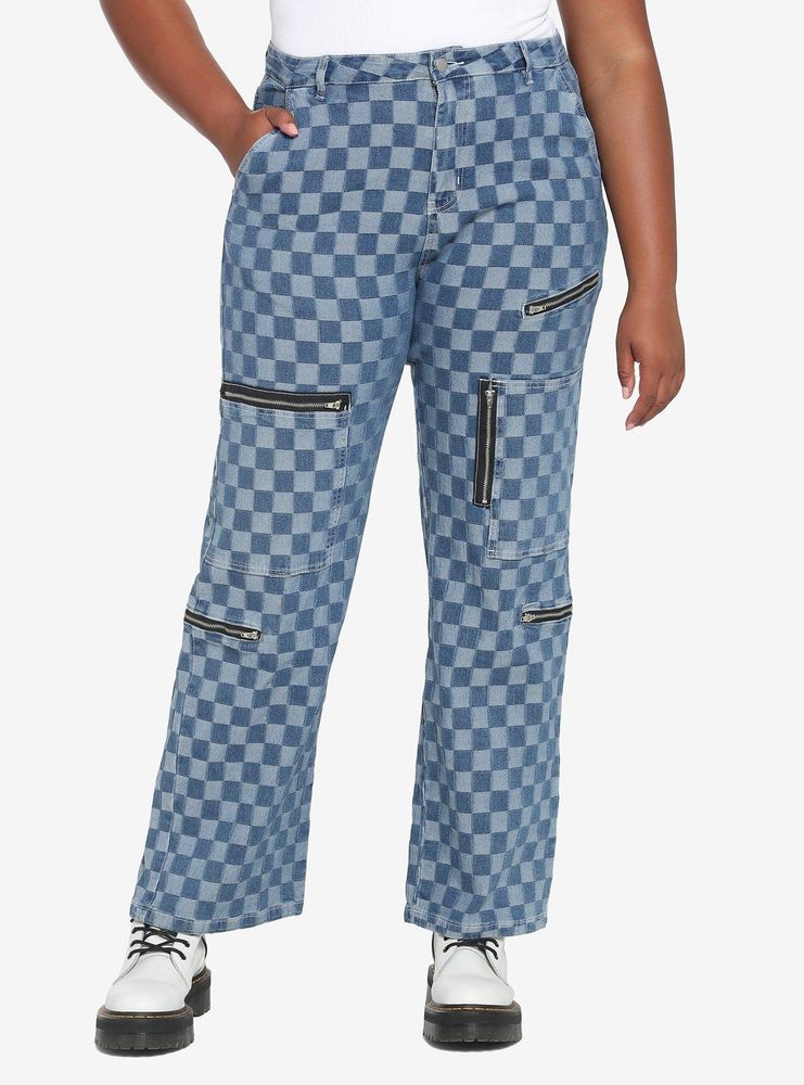 Blue Checkered Denim Straight Leg Jeans Plus