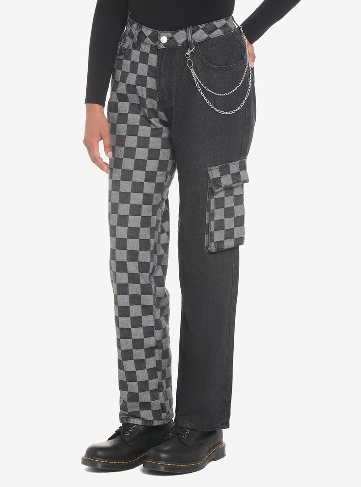 Black Checkered Split Straight Leg Jeans