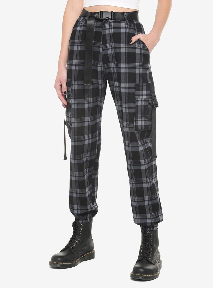 Grey Plaid Jogger Pants With Buckles