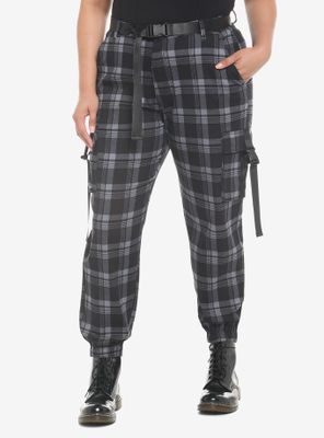 Grey Plaid Jogger Pants With Buckles Plus