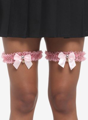 Pink Lace Bow Bell Garter Set