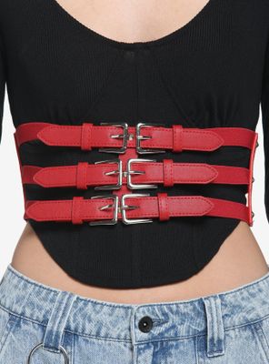 Red Triple Buckle Corset Belt