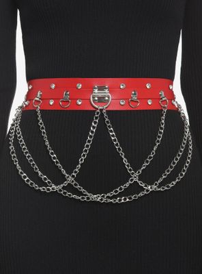 Red Faux Leather Chain Belt