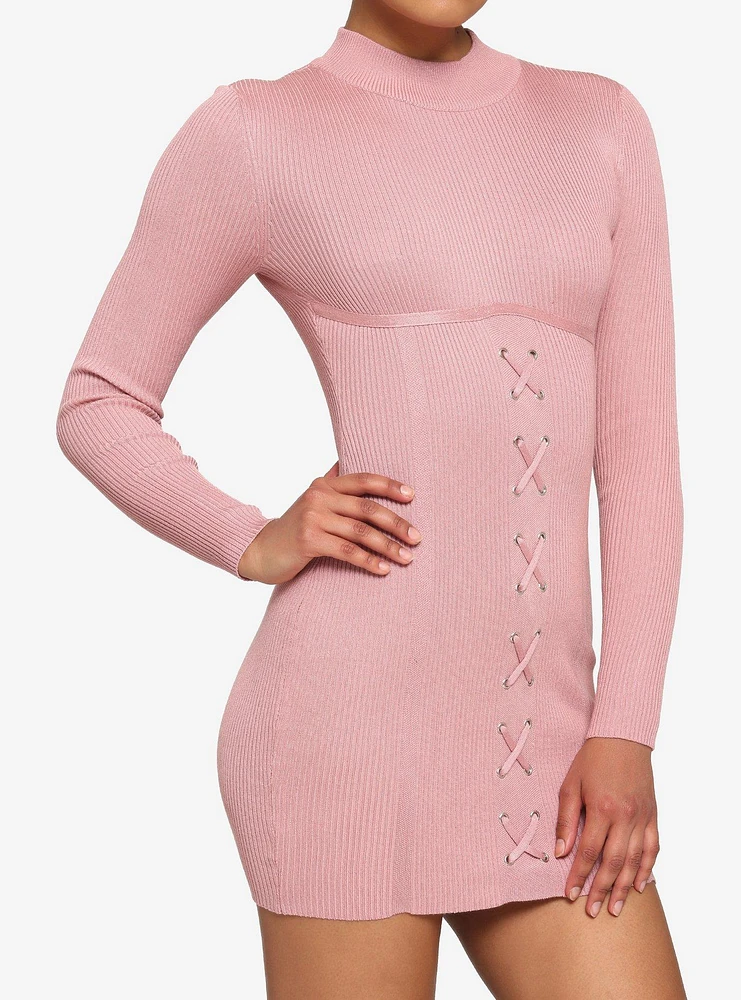 Pink Ribbed Lace-Up Mini Dress