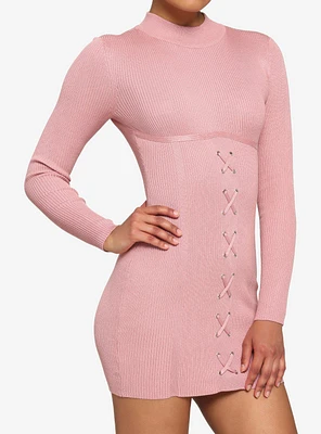 Pink Ribbed Lace-Up Mini Dress