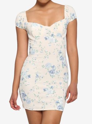 Ivory & Blue Floral Bodycon Dress